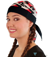 Classic Skull Cap - Red Grey Black & White Camouflage With Ties Caps