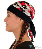 Classic Skull Cap - Red Grey Black & White Camouflage With Ties Caps