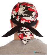 Classic Skull Cap - Red Grey Black & White Camouflage With Ties Caps