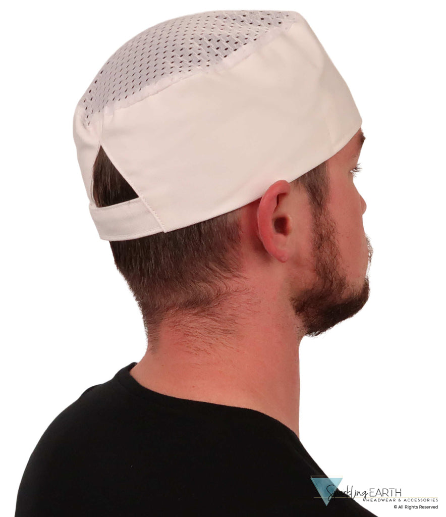 Classic White Cotton Chef Beanie – AirFlow Top Hook & Loop Closure - Made in USA - White Airflow Mesh with sweatband