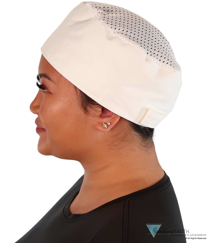 Classic White Cotton Chef Beanie – AirFlow Top Hook & Loop Closure - Made in USA - White Airflow Mesh with sweatband