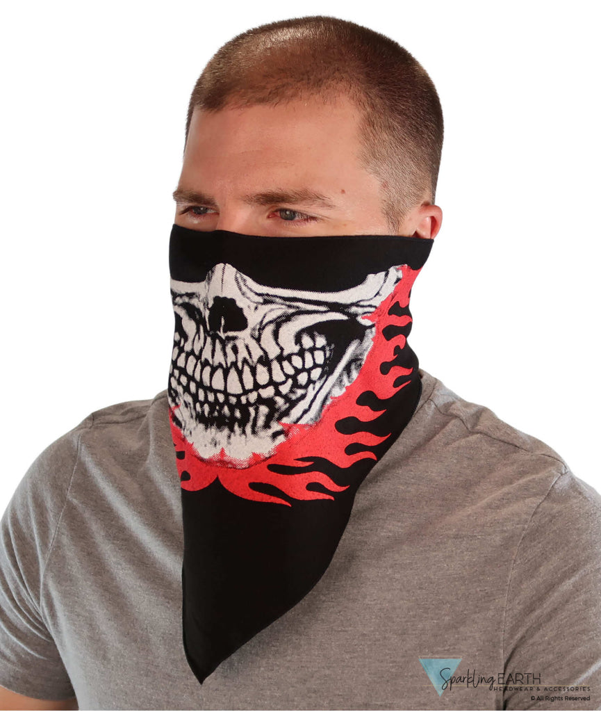 Cotton Biker Tri-Danna Face Mask: Style Comfort and Protection - Skull Jaw Red Flames on Black Tri-Danna Masks