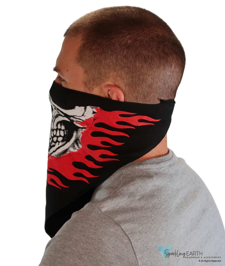 Cotton Biker Tri-Danna Face Mask: Style Comfort and Protection - Skull Jaw Red Flames on Black Tri-Danna Masks