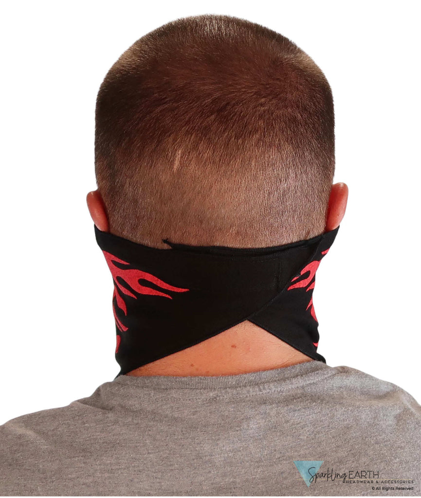 Cotton Biker Tri-Danna Face Mask: Style Comfort and Protection - Skull Jaw Red Flames on Black Tri-Danna Masks