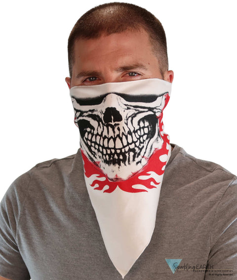 Cotton Biker Tri-Danna Face Mask: Style Comfort And Protection - Skull Jaw With Red Flames Masks