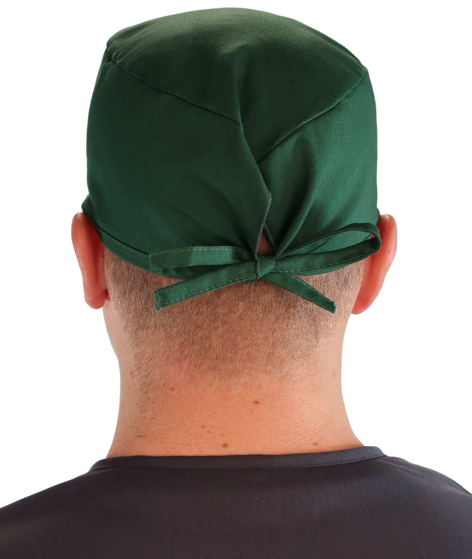 Back Facing View of a Man Wearing a Classic Cotton Surgical Scrub Cap - Hunter Green Scrub Cap