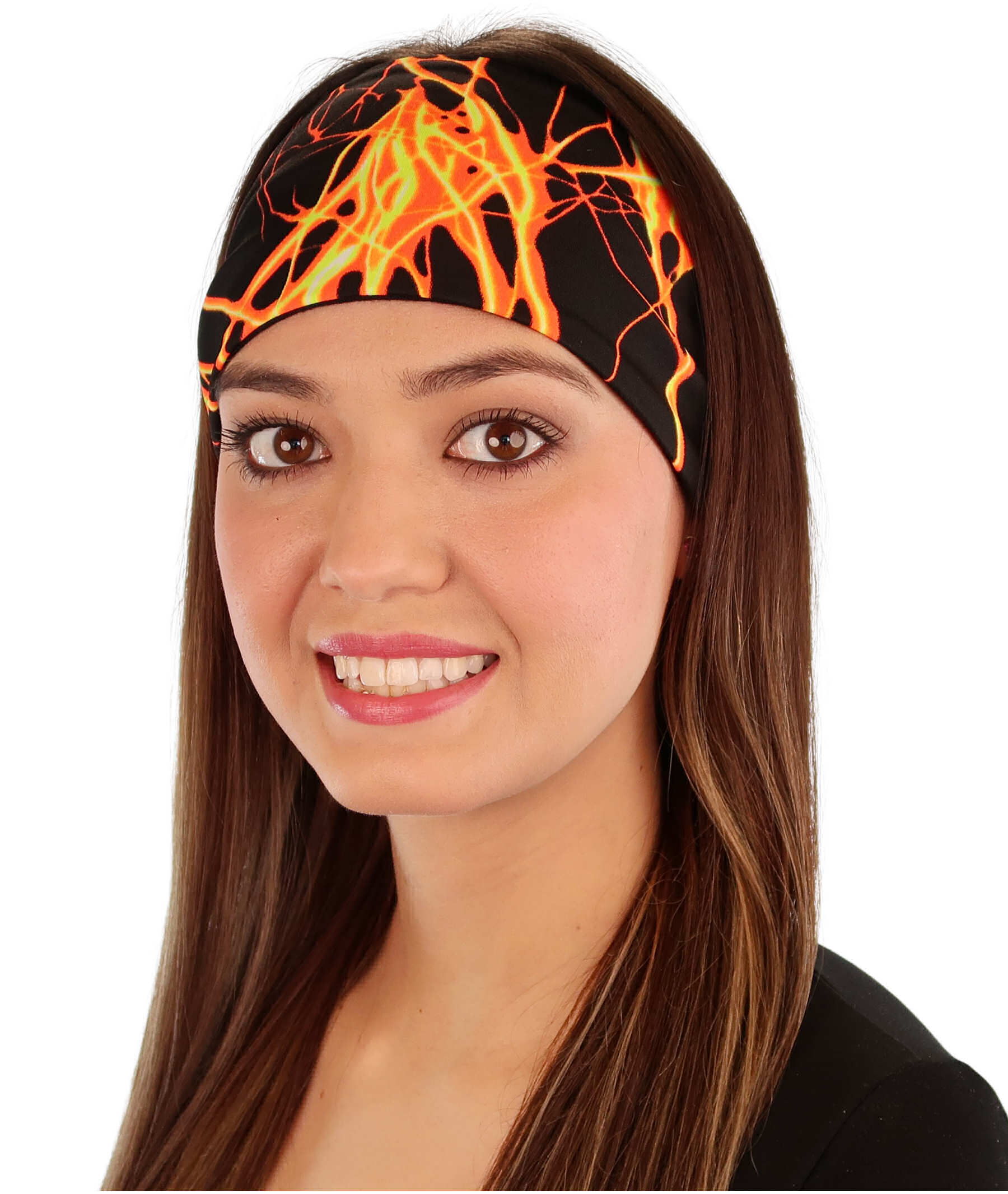 Reversible Stretch Headband – Stylish Comfortable & USA-Made - Orange & Yellow Lightning on Black Stretch Headbands