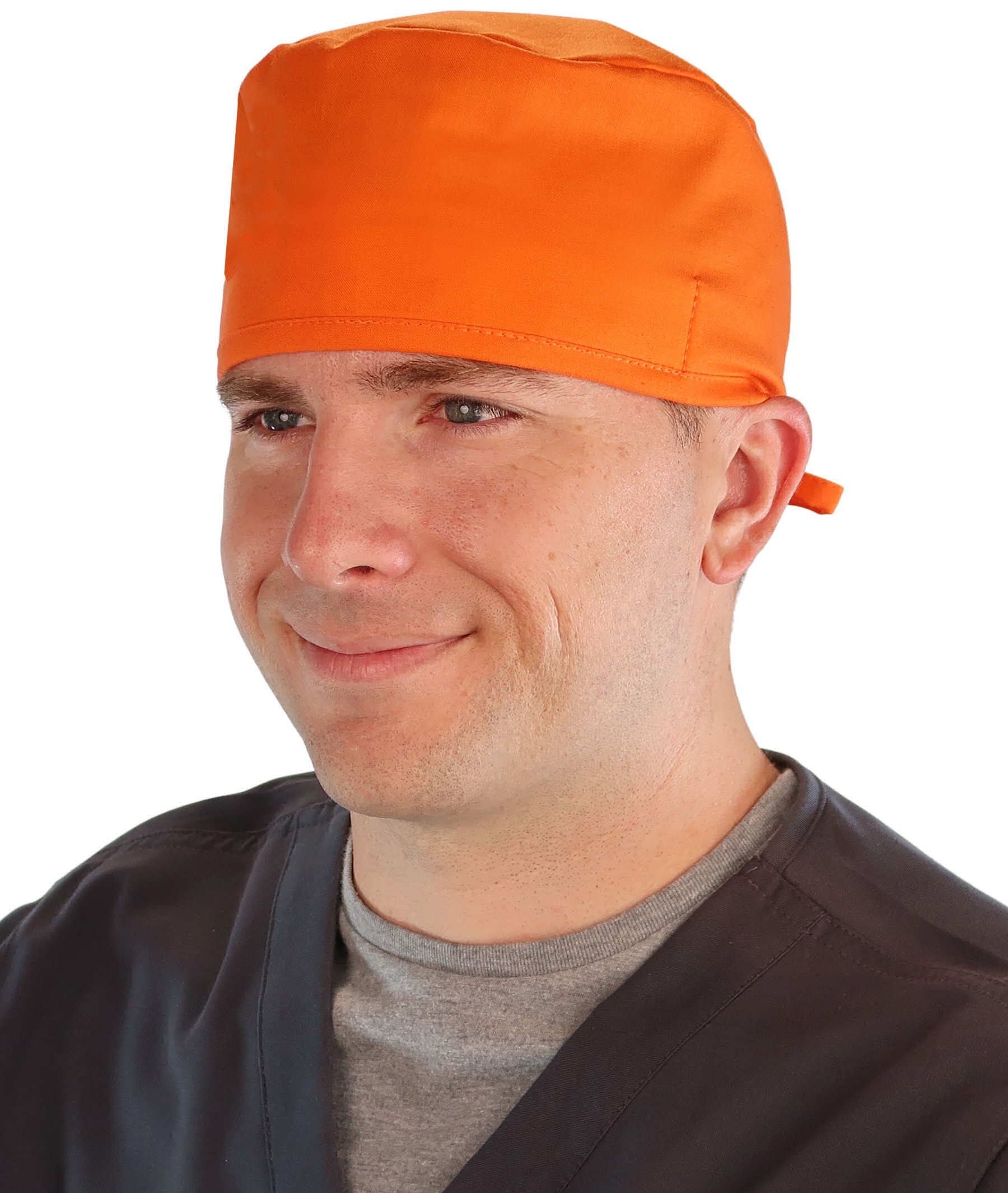Front Facing View of a Man Wearing a Classic Cotton Surgical Scrub Cap - Solid Orange Scrub Cap