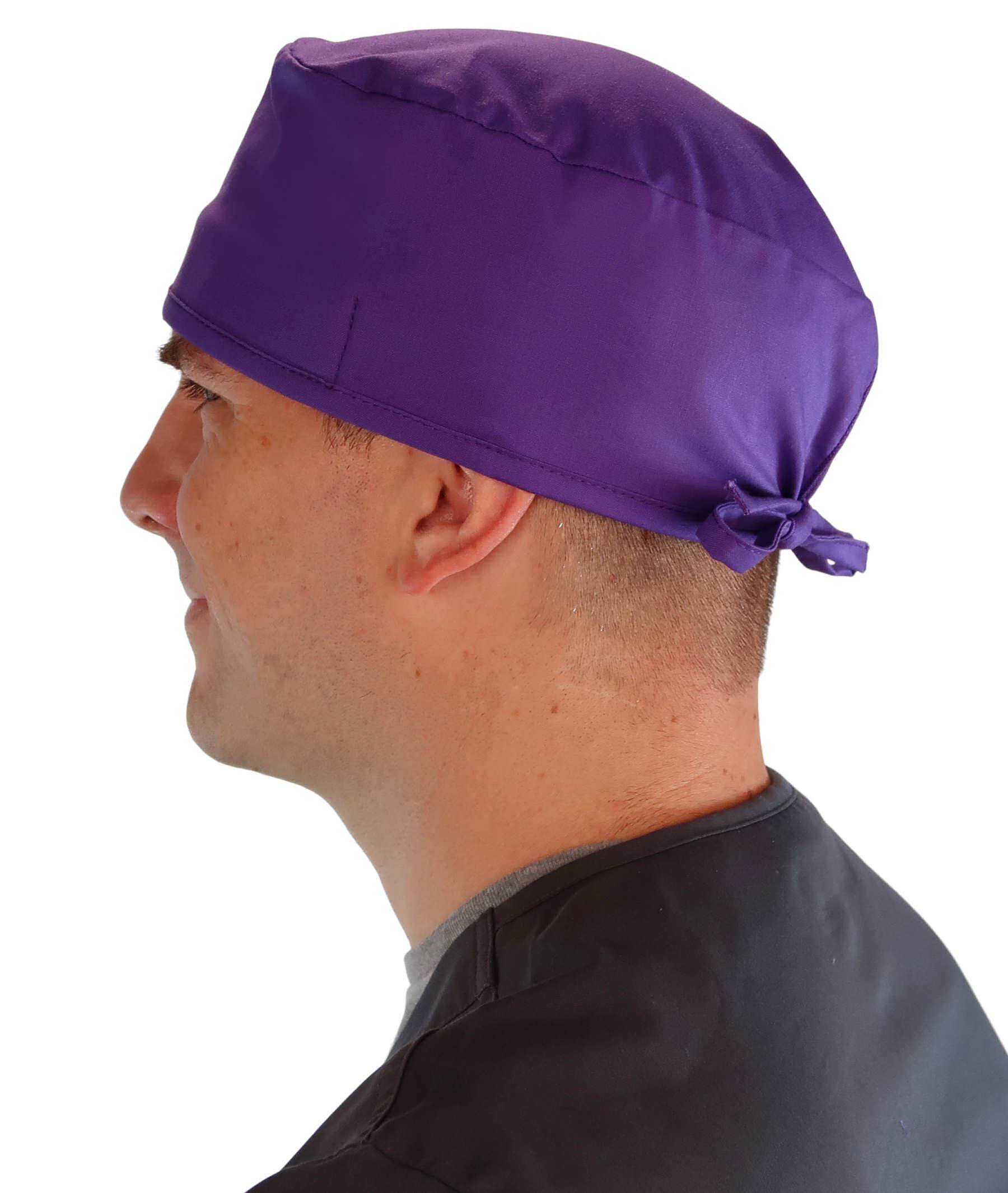 Side Facing View of a Man Wearing a Classic Cotton Surgical Scrub Cap - Purple Scrub Cap