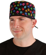 Surgical Scrub Cap - Multi Color Paws with Black Ties