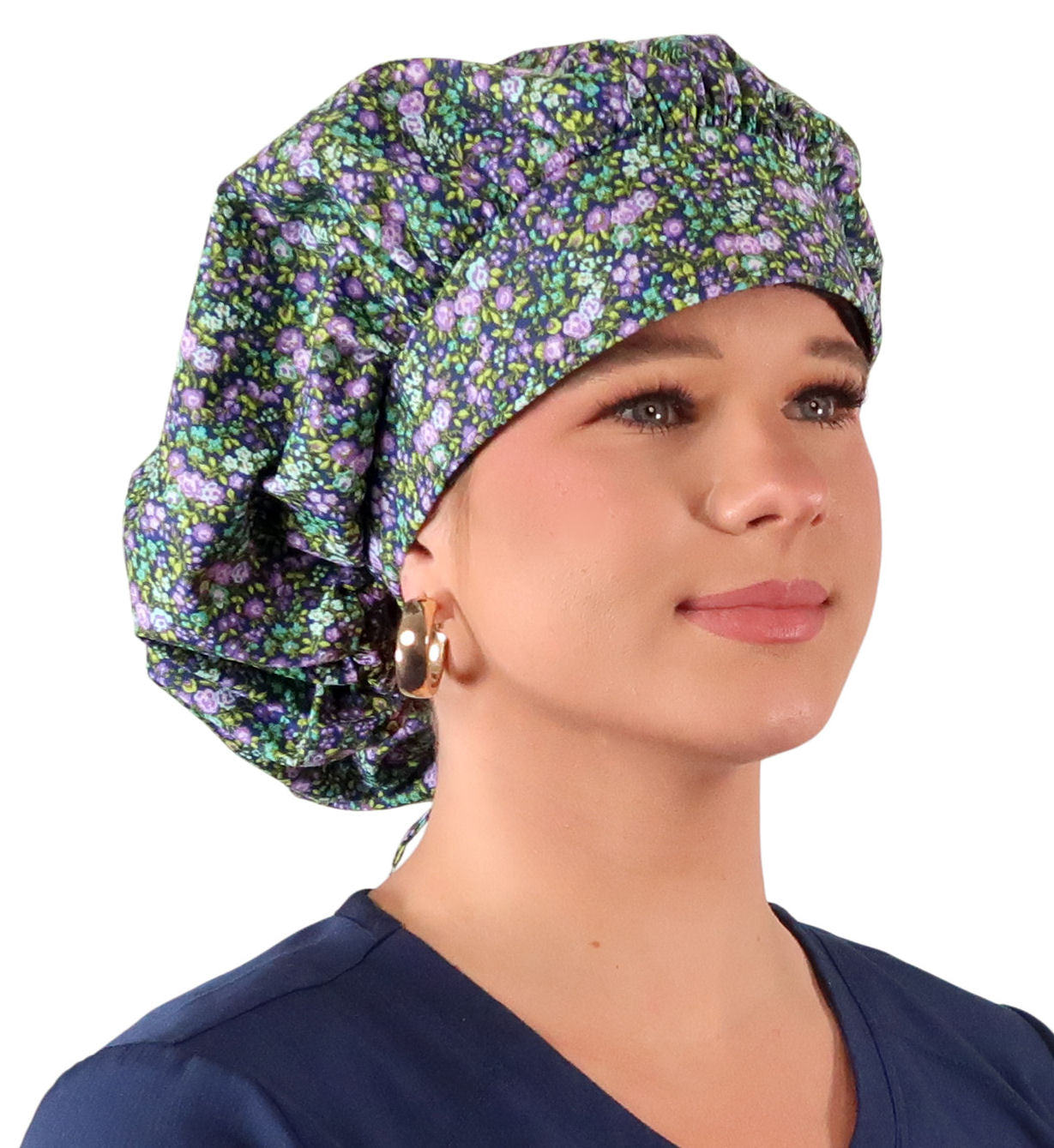 Stylish American Made Banded Bouffant Ponytail Scrub Cap - Lovely Lavender Flowers Banded Bouffant Surgical Scrub Caps