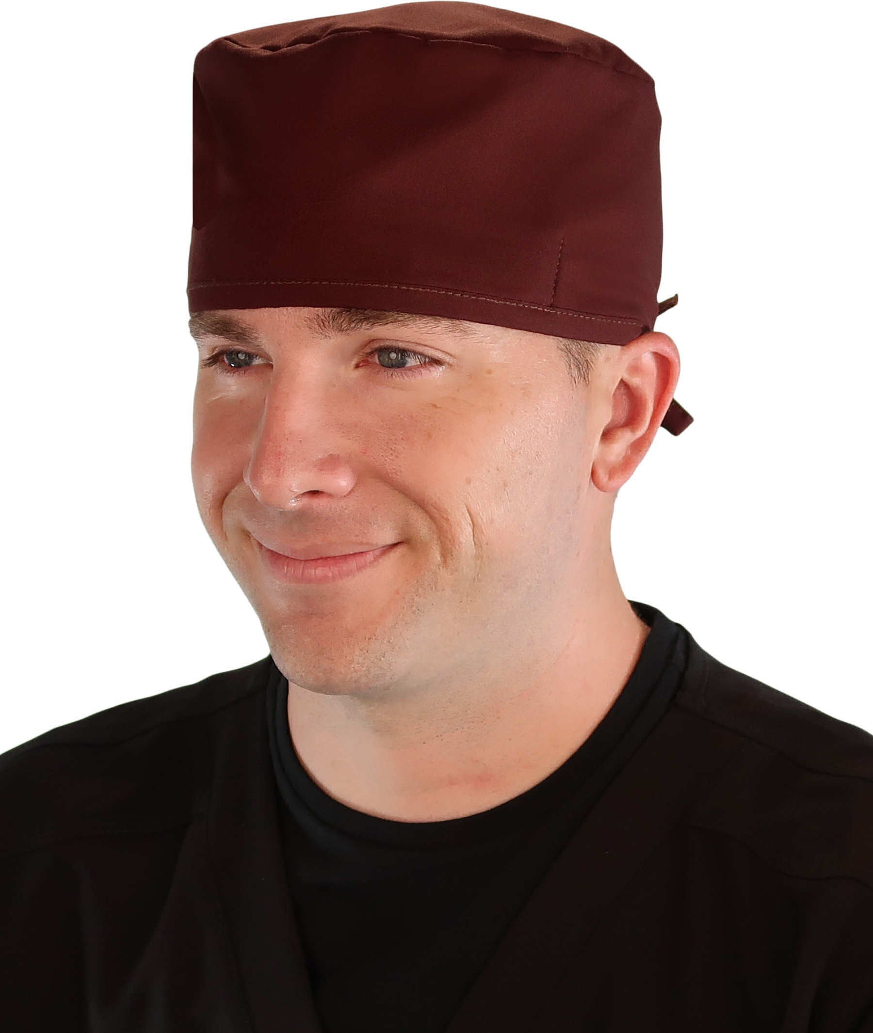 Front Facing View of a Man Wearing a Classic Cotton Surgical Scrub Cap - Chocolate Brown Scrub Cap