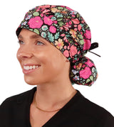 Banded Bouffant Surgical Scrub Cap - Flowers In Bloom with Black Ties