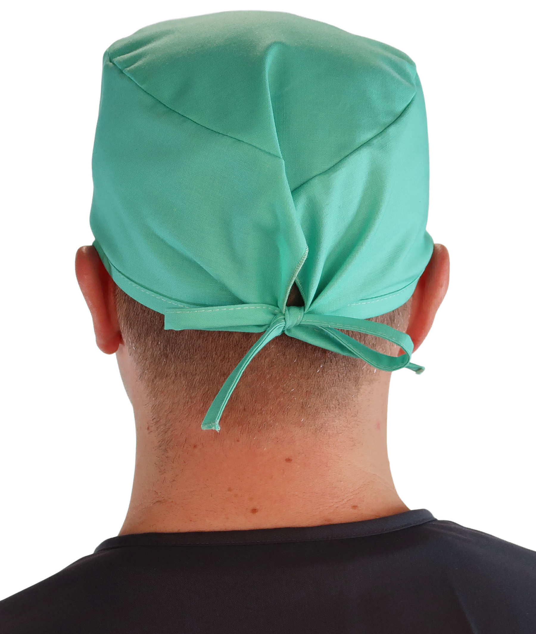 Back facing image of a man in scrubs wearing a Classic Surgical Scrub Cap in Scrub Green.