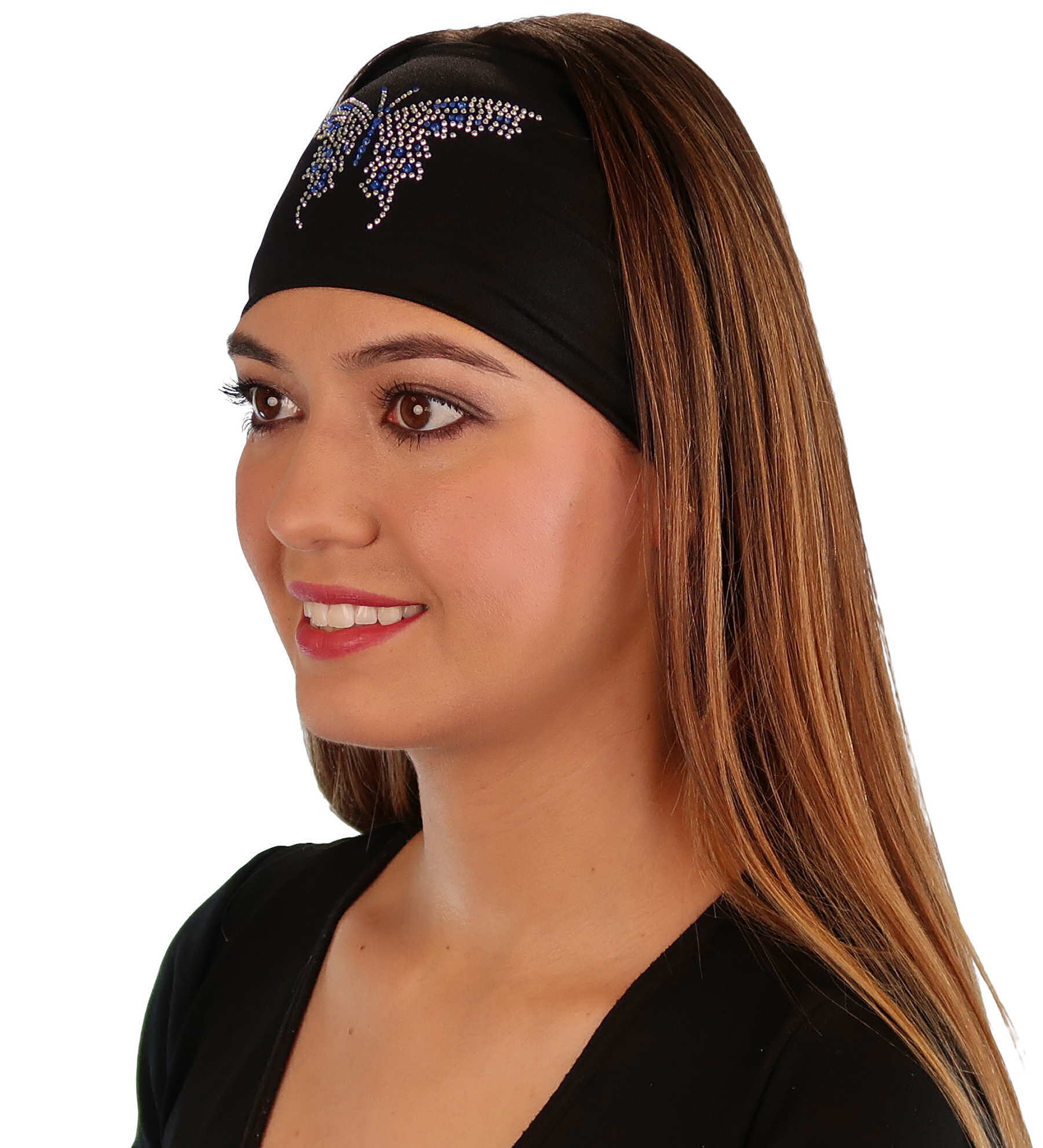 Embellished Reversible Stretch Headband – Stylish Comfortable & USA-Made - Black Headband with Large Blue & Silver
