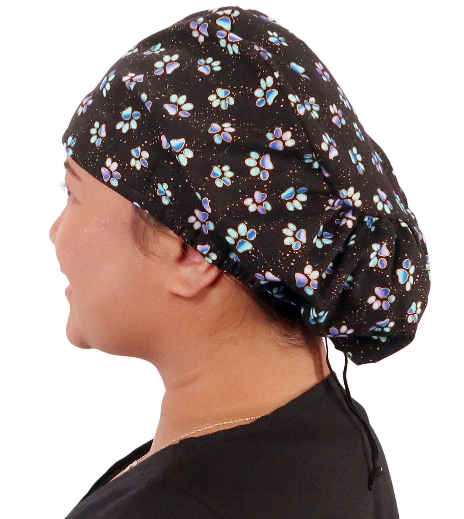 Euro Style Riley Comfort Scrub Cap - American Made - Magical Metallic Paw Print on Black - Riley Comfort Scrub Caps - Sparkling EARTH