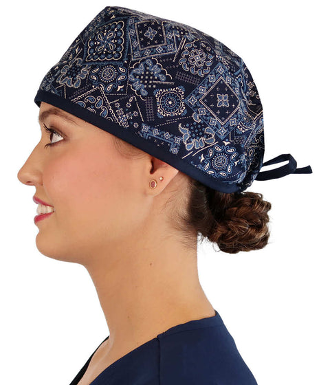 Surgical Scrub Cap - Bandana Bonanza with Navy Ties