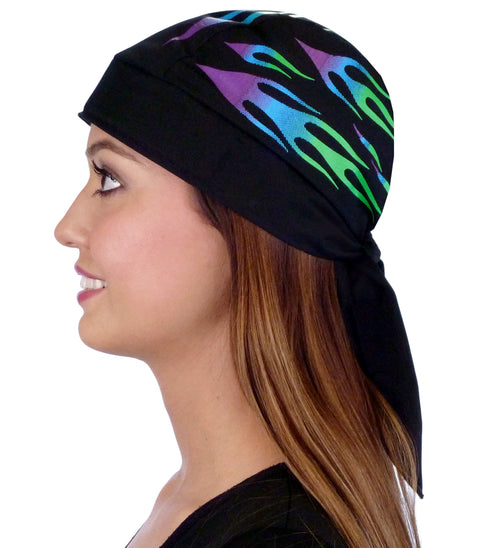 Breathable Cotton Skull Caps - Green and Blue Flames - Classic Skull Caps - Sparkling EARTH
