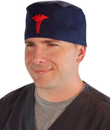 Embellished Surgical Scrub Cap - Navy Cap with Red Caduceus Patch