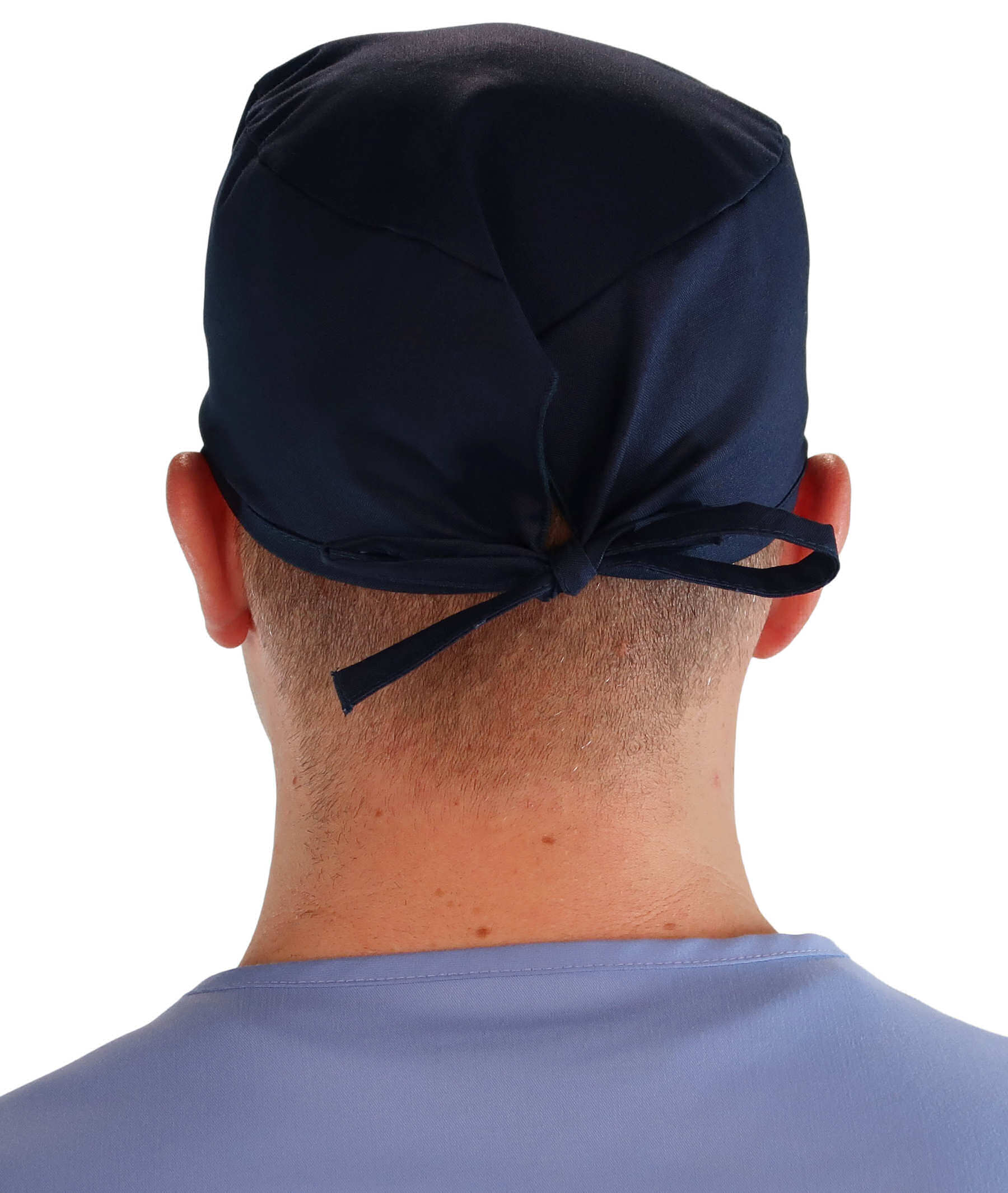 Back Facing View of a Man Wearing a Classic Cotton Surgical Scrub Cap - Navy Scrub Cap