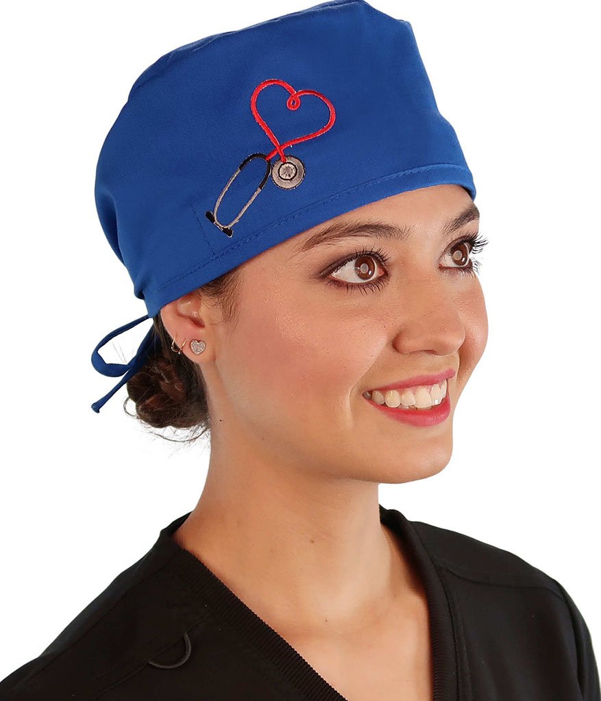 Side Facing View of a Woman Wearing a Classic Cotton Surgical Scrub Cap - Royal Fabric with Heart Stethoscope Patch.