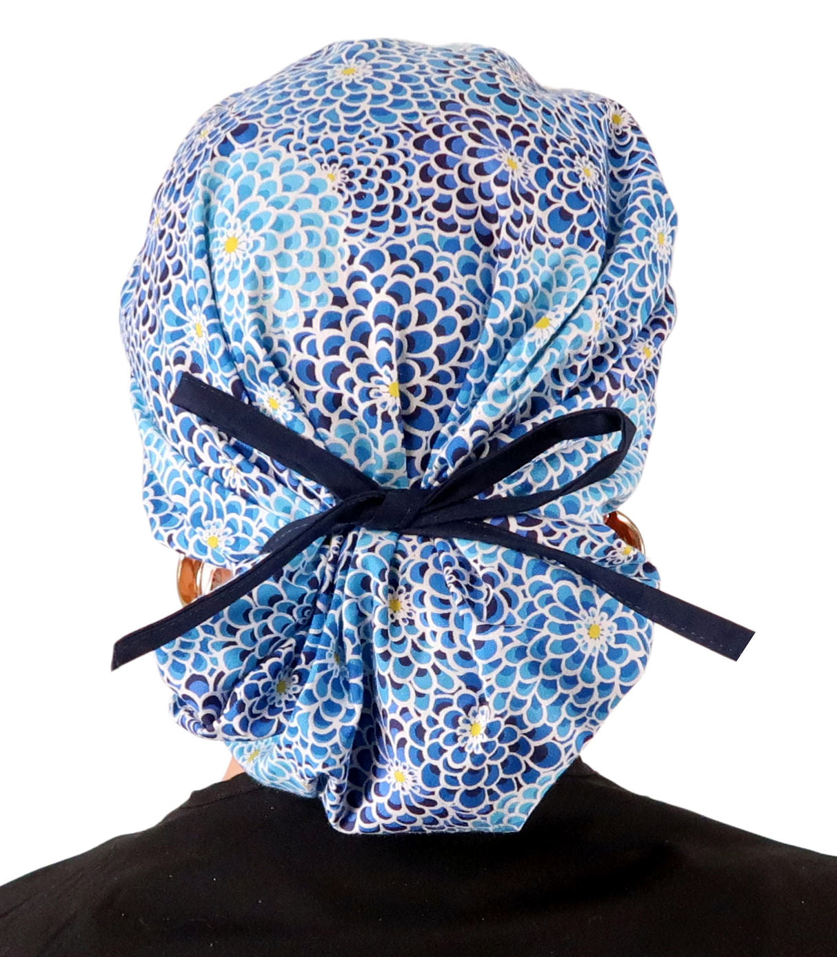 Stylish American Made Banded Bouffant Ponytail Scrub Cap - Blue Dahlia Dreams with Navy Ties Banded Bouffant Surgical