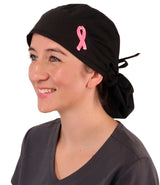 Embellished Big Hair Surgical Cap - Black Big Hair with Medium Pink Ribbon Patch