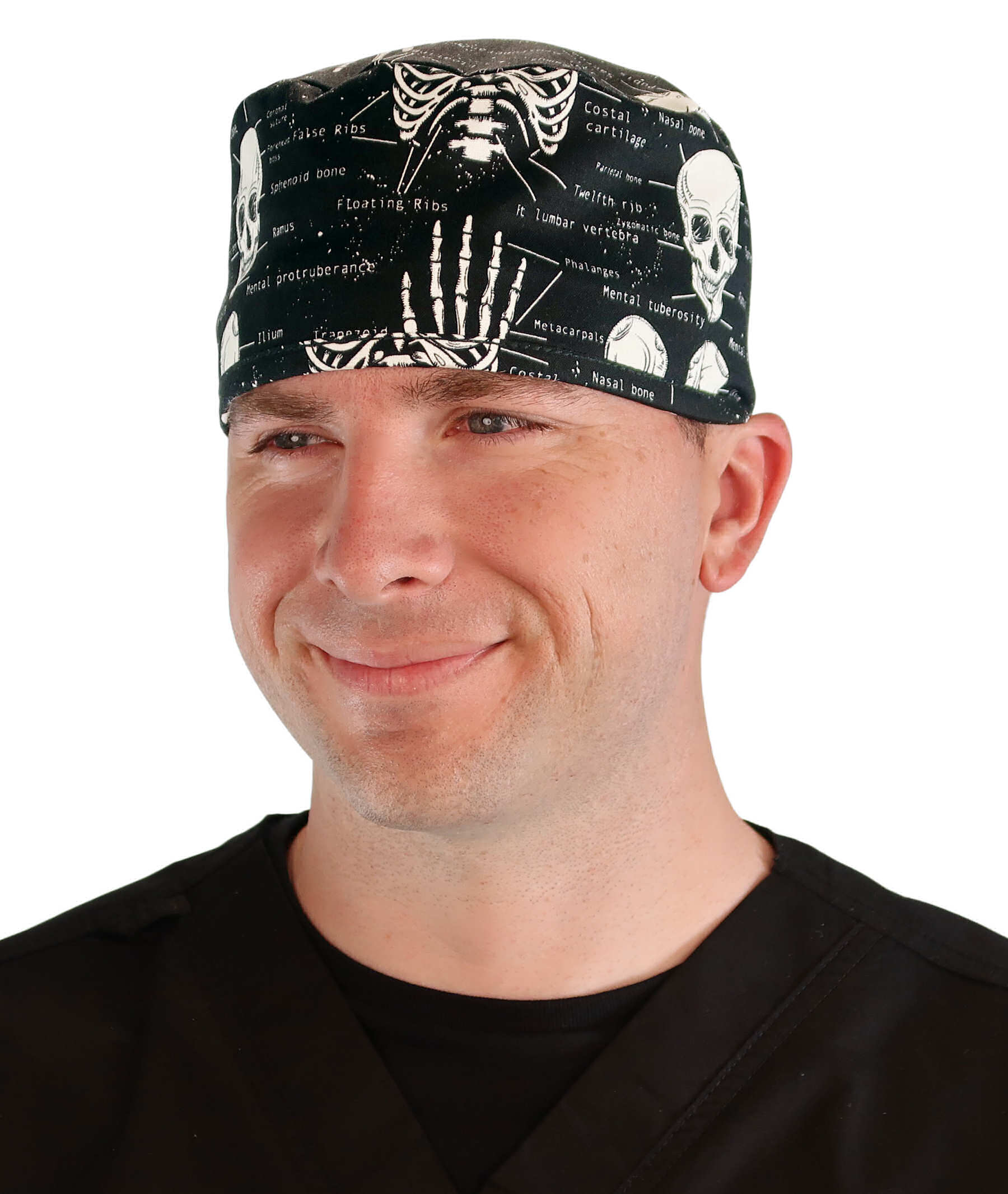 Front Facing View of a man Wearing a Classic Cotton Surgical Scrub Cap - Human Body Skeleton (Glow In The Dark) Pattern.