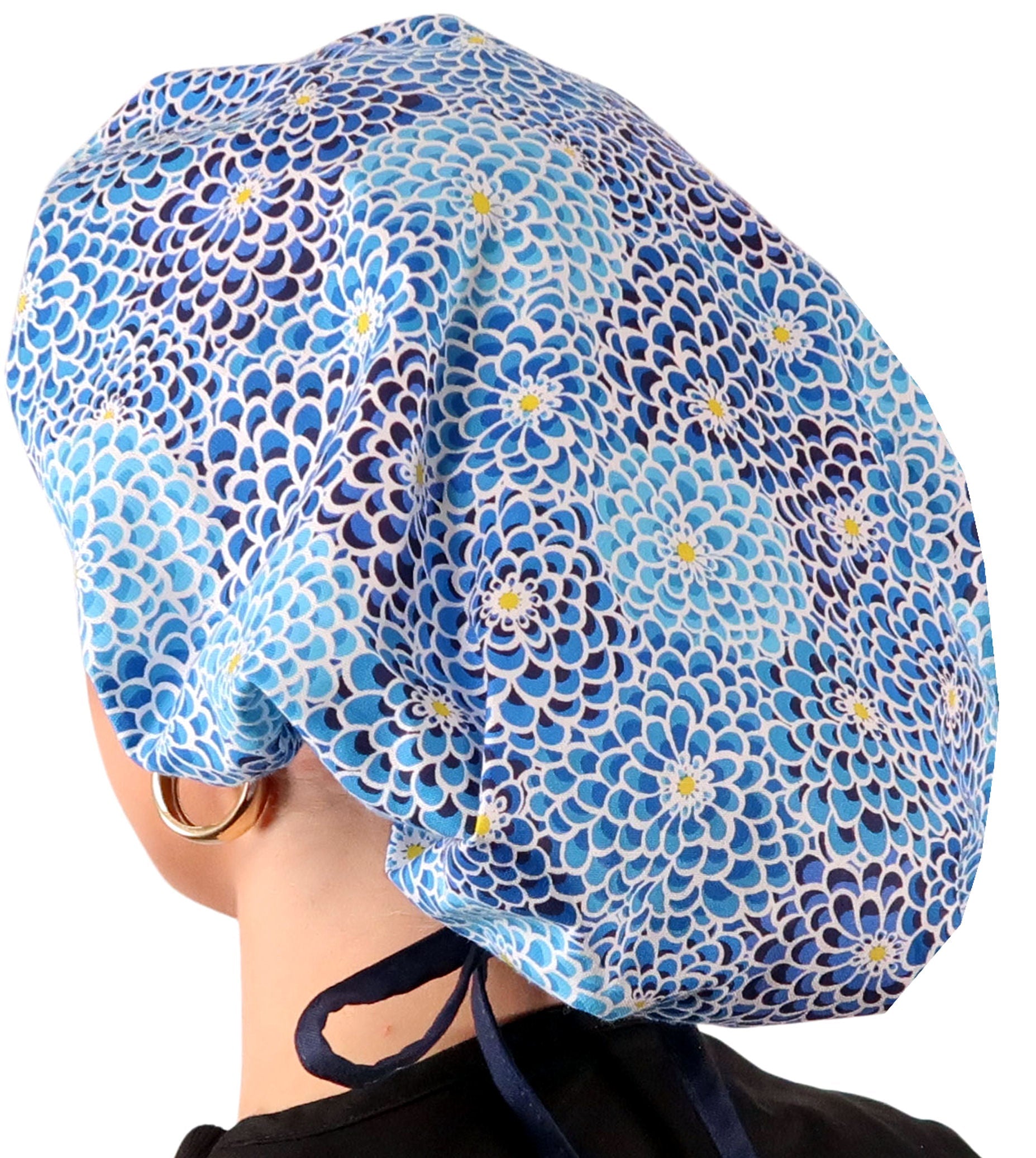 Stylish American Made Banded Bouffant Ponytail Scrub Cap - Blue Dahlia Dreams with Navy Ties Banded Bouffant Surgical