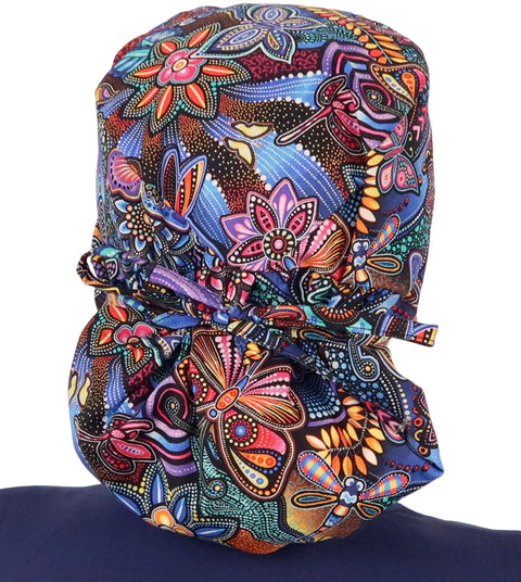 Big Hair Ponytail Surgical Scrub Cap - Perfect Scrub Cap for Long Hair - Nighttime In The Garden
