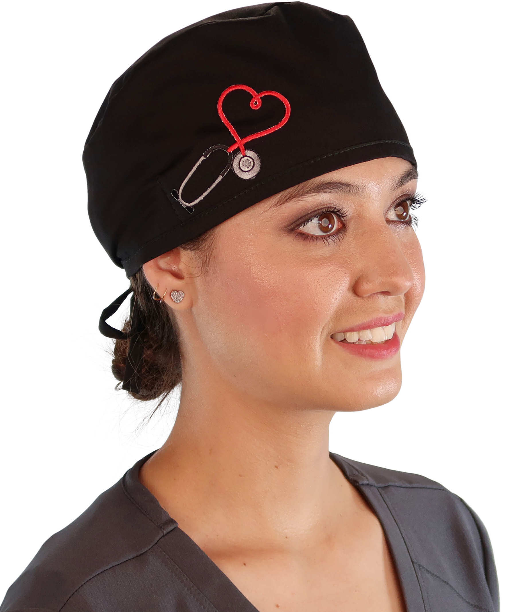 American-Made Cotton Surgical Scrub Cap with Unique Flair - Black Cap with Heart Stethoscope Patch - Surgical Scrub Caps - Sparkling EARTH