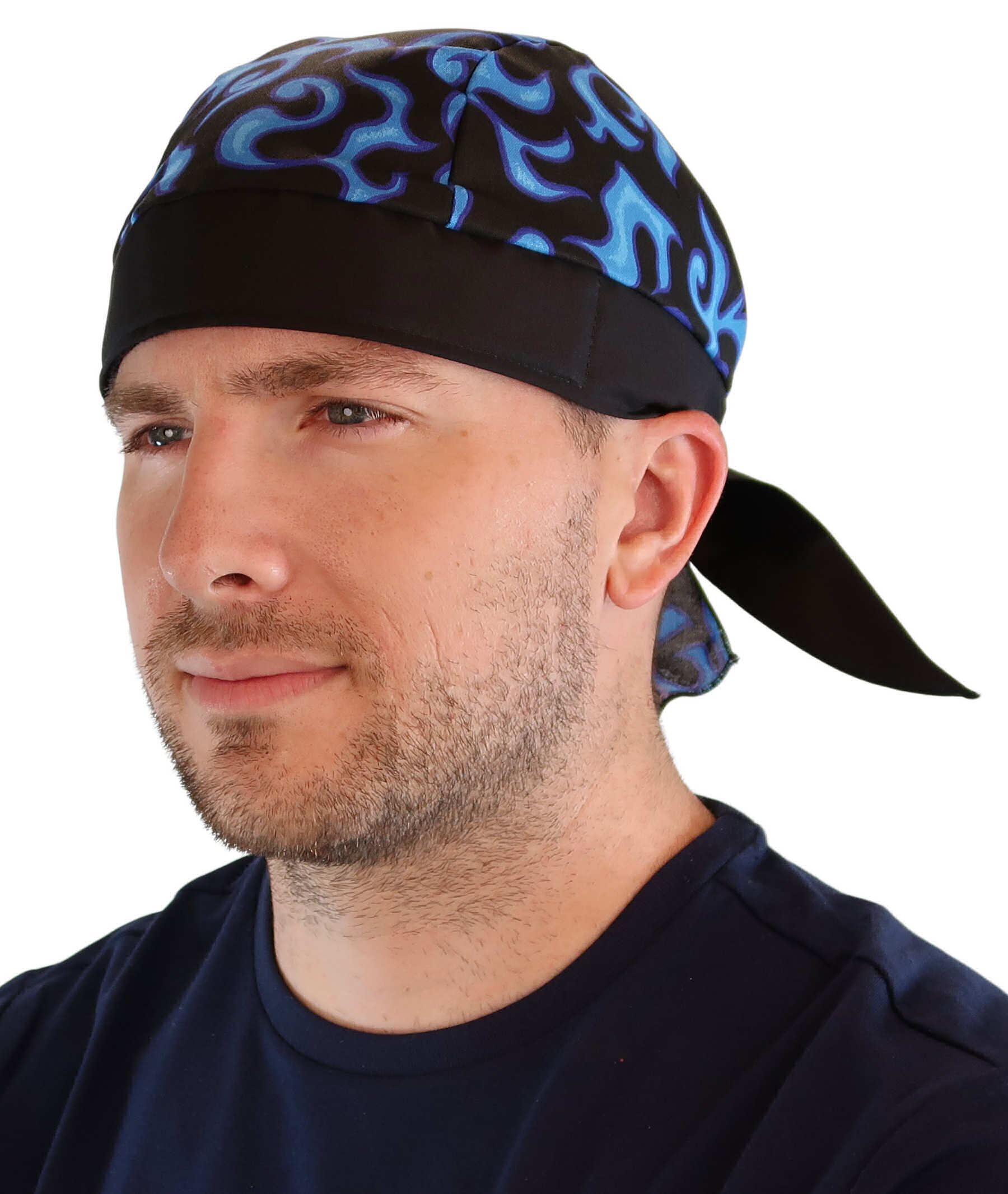 Breathable Cotton Skull Caps: Perfect for Any Activity - Blue Liquid Flames on Black Classic Skull Caps