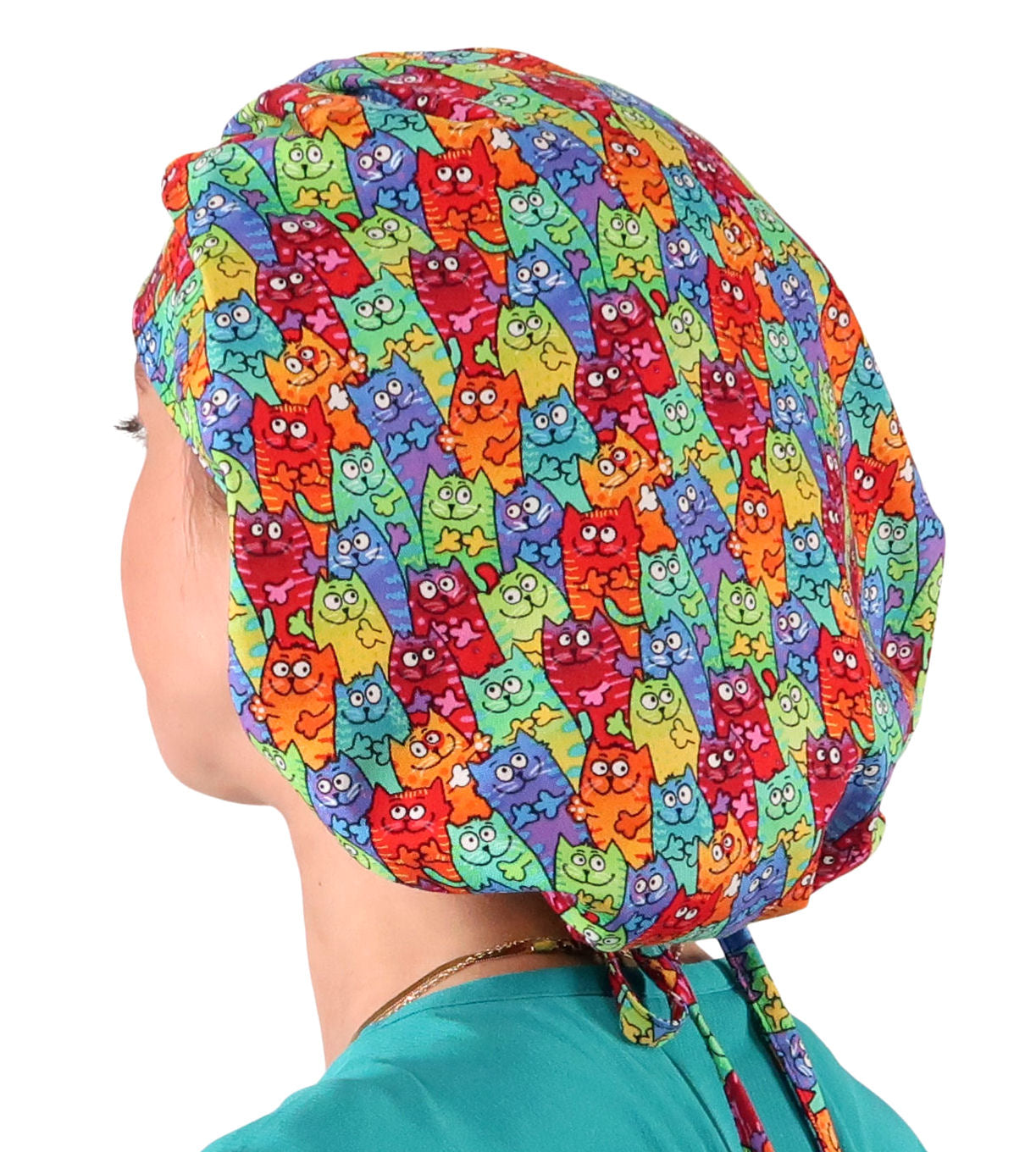 Stylish American Made Banded Bouffant Ponytail Scrub Cap - Colorful Cats Meow Banded Bouffant Surgical Scrub Caps