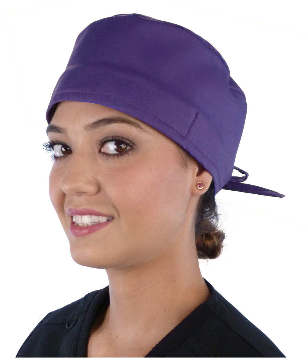 Front Facing View of a Woman Wearing a Classic Cotton Surgical Scrub Cap - Purple Scrub Cap