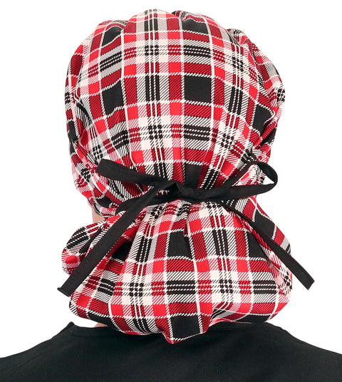 Banded Bouffant Surgical Scrub Cap - Sassy Classy Plaid with Black Ties