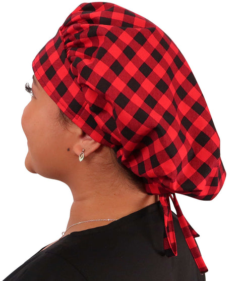 Banded Bouffant Surgical Scrub Cap - Black & Red Buffalo Checks