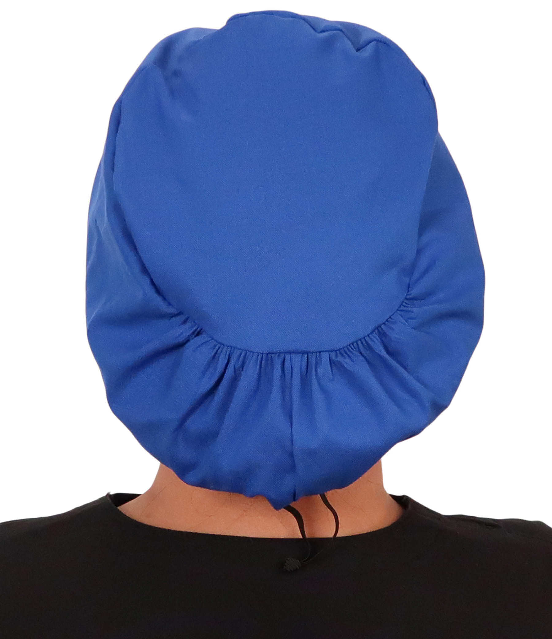 Back facing image of a woman in scrubs wearing a Royal Euro Style Riley Comfort Scrub Cap.