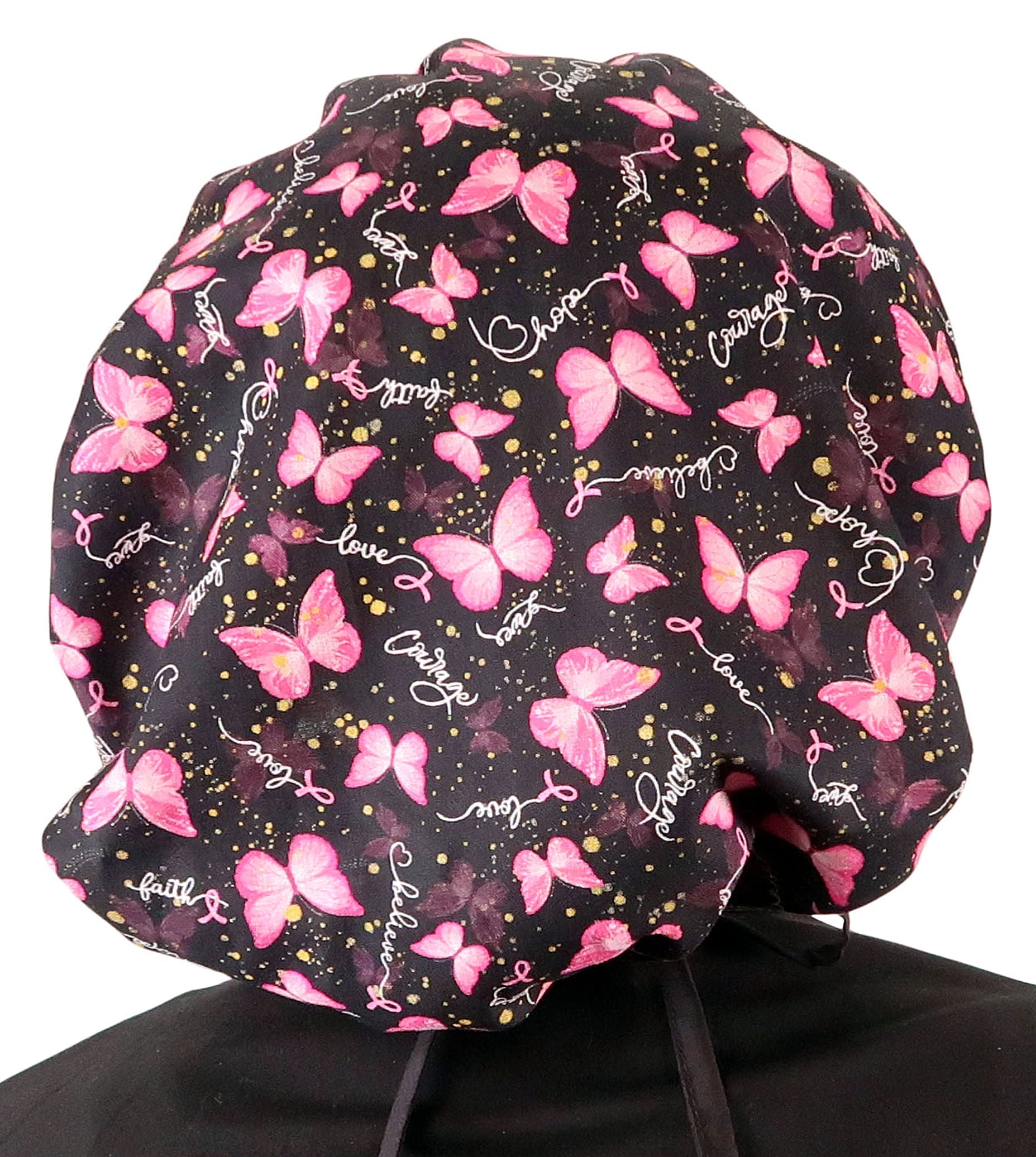 Stylish American Made Banded Bouffant Ponytail Scrub Cap - Wings of Hope (Pink Ribbons) with Black Ties Banded Bouffant