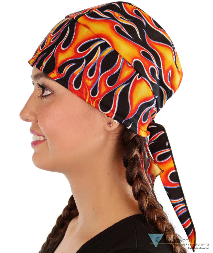Deluxe Extra Deep Skull Cap – Terry Sweatband Adjustable Fit - Made in USA - Hot Rod Flames Deluxe Skull Caps