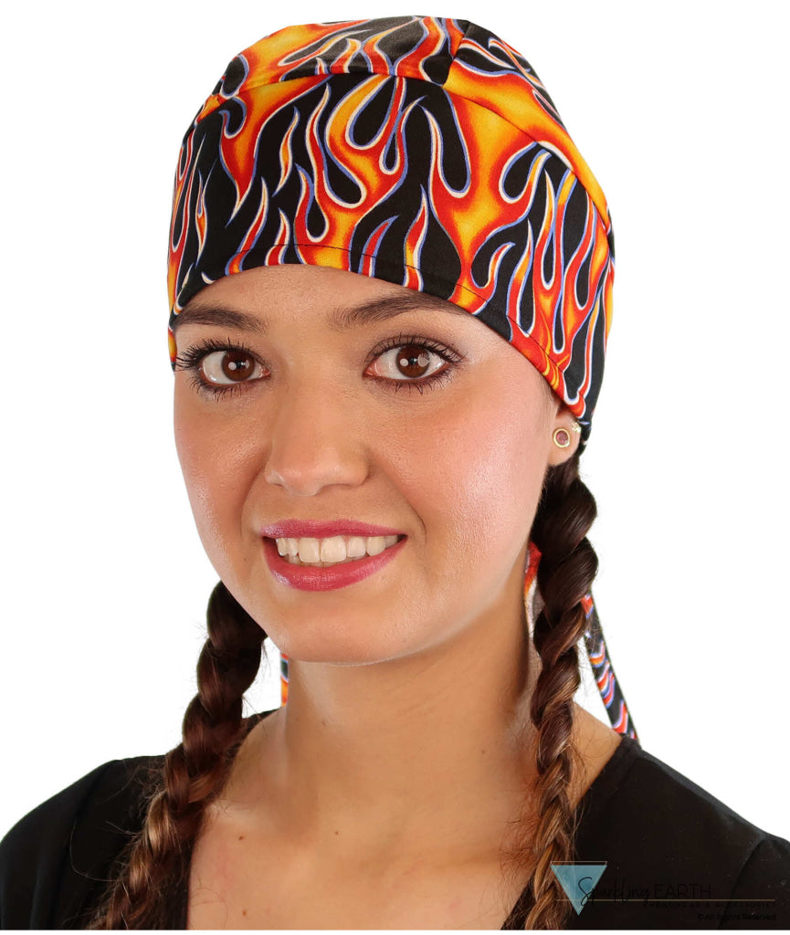 Deluxe Extra Deep Skull Cap – Terry Sweatband Adjustable Fit - Made in USA - Hot Rod Flames Deluxe Skull Caps