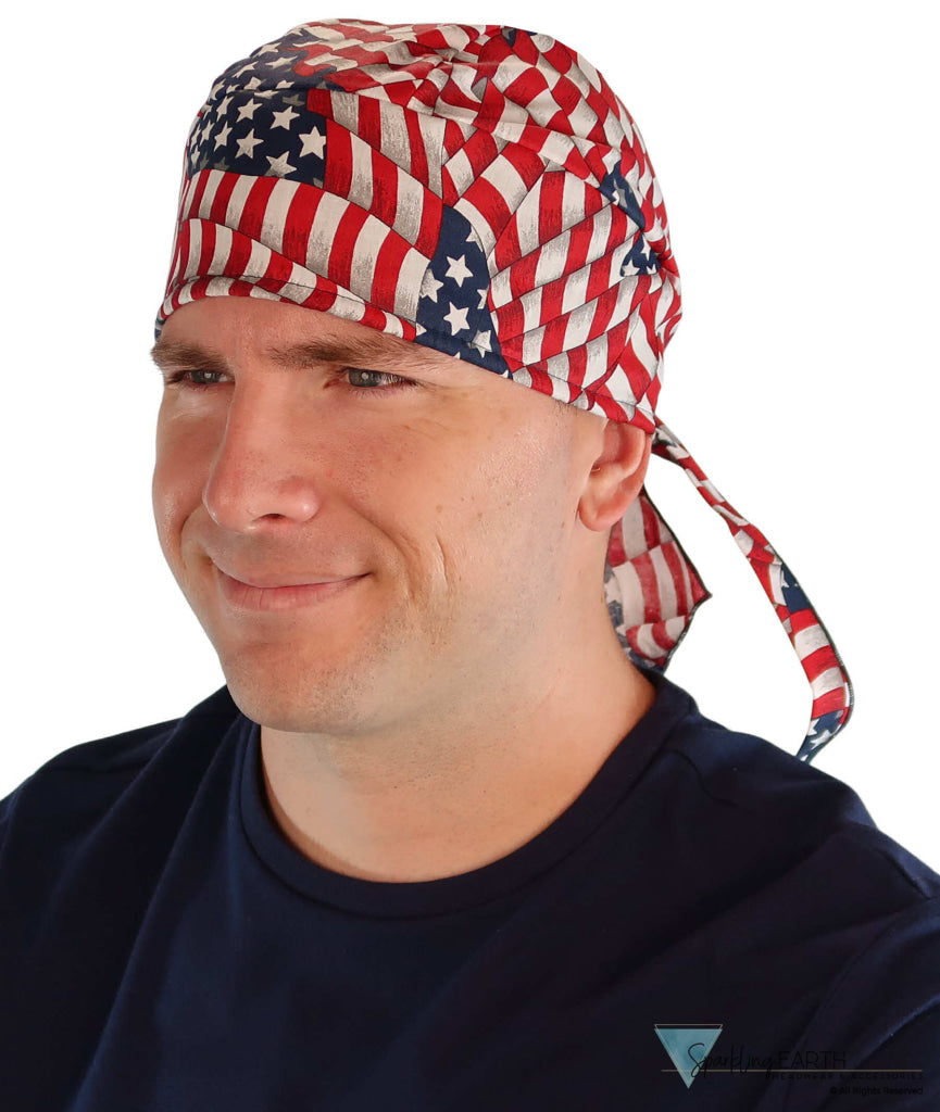 Deluxe Extra Deep Skull Cap – Terry Sweatband Adjustable Fit - Made in USA - Stars and Stripes Deluxe Skull Caps