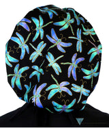 Designer Banded Bouffant Scrub Cap - Metallic Dragonflies With Black Band Surgical Caps