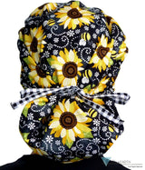Designer Banded Bouffant Surgical Scrub Cap - Sunflowers On Black Caps