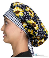 Designer Banded Bouffant Surgical Scrub Cap - Sunflowers On Black Caps