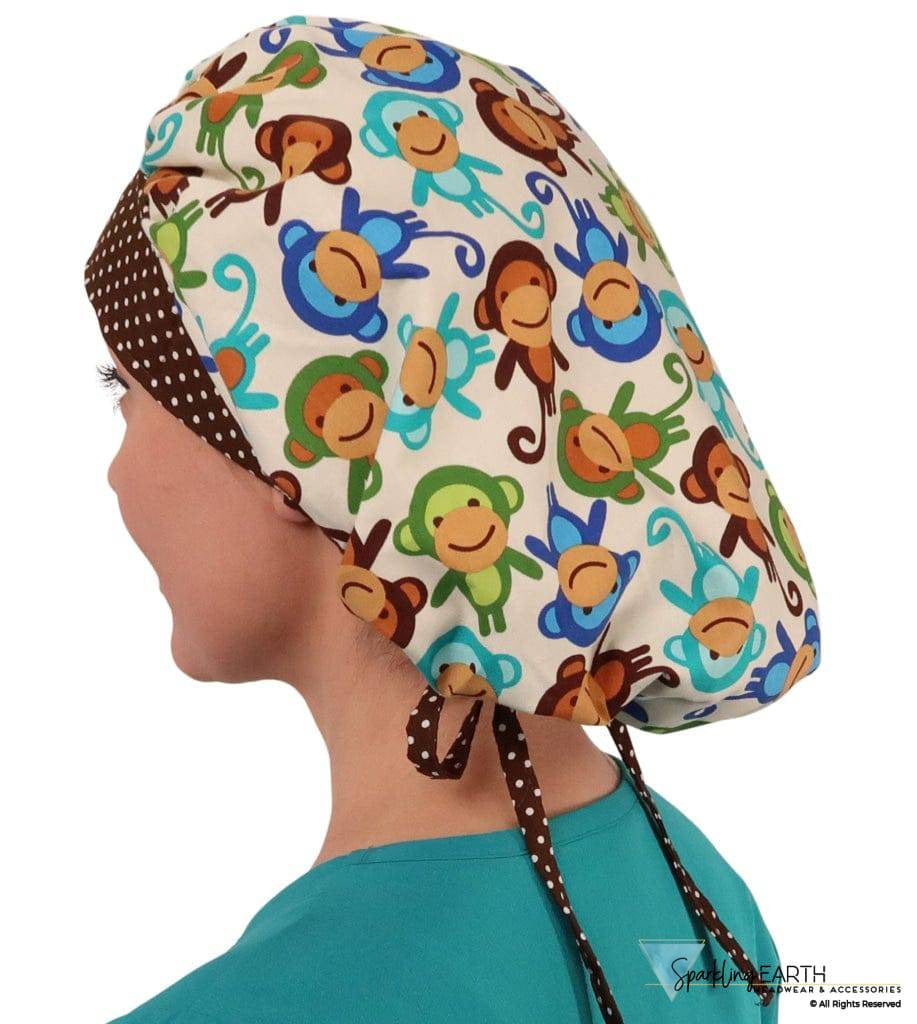 Designer Banded Bouffant - Tossed Monkeys With White And Brown Polka Dot Band Surgical Caps