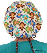 Designer Banded Bouffant - Tossed Monkeys With White And Brown Polka Dot Band Surgical Caps