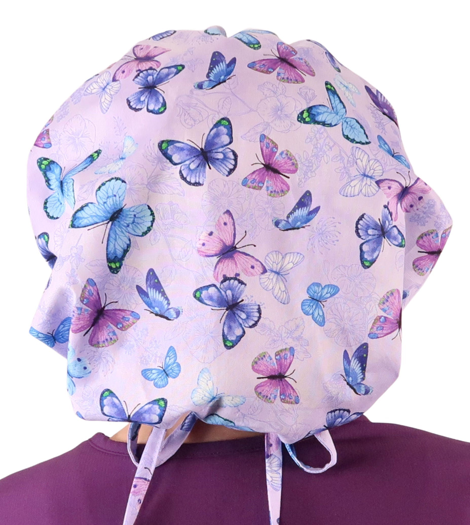 Stylish American Made Banded Bouffant Ponytail Scrub Cap - Lavender Butterfly Whimsy Banded Bouffant Surgical Scrub Caps