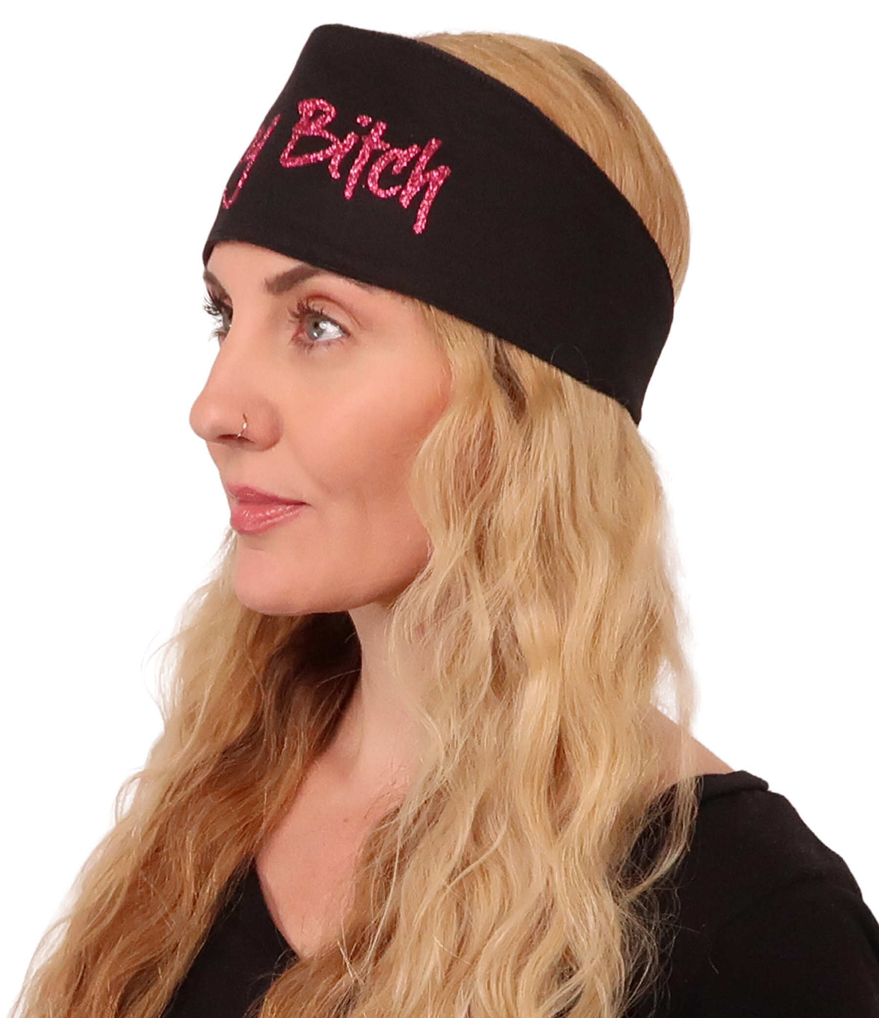 Embellished Chop Top Doo Wrap – Bold Biker Bandana with Exclusive Bling - Glitter Pink Crazy Bitch on Black Imported