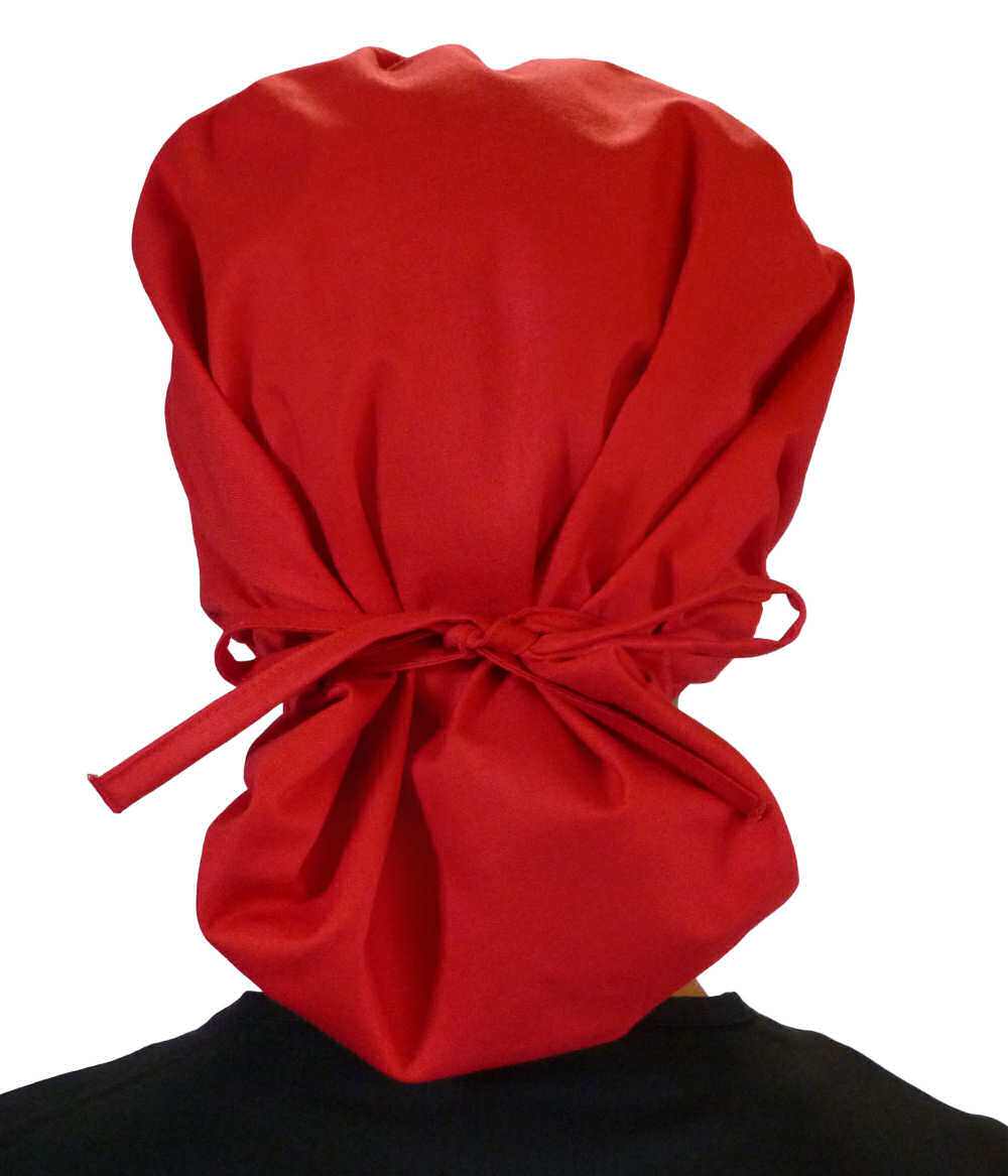 Back Facing Tied View of a Woman Wearing a Tied Back Banded Bouffant Ponytail Surgical Scrub Cap - Solid Red Fabric