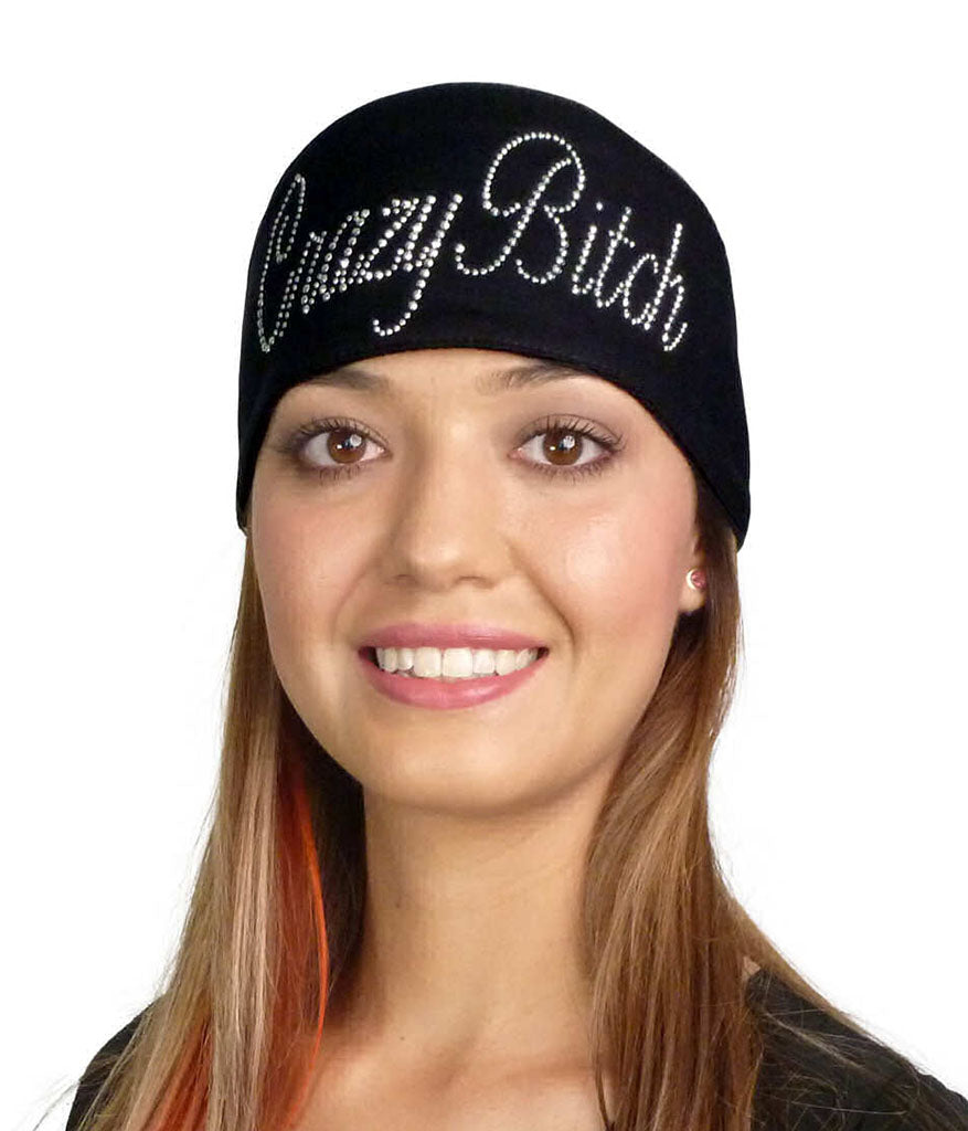 Embellished Chop Top Doo Wrap – Bold Biker Bandana with Exclusive Bling - Black Chop Top with Silver Fancy Crazy Bitch